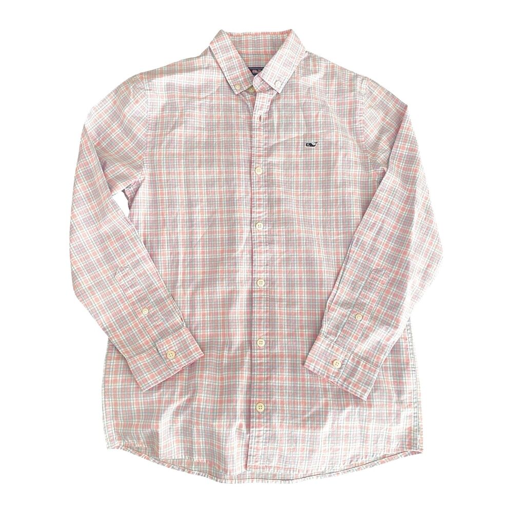 Vineyard Vines Boys Dress Shirt 12-14 Pink Blue Plaid Long Sleeve Cotton